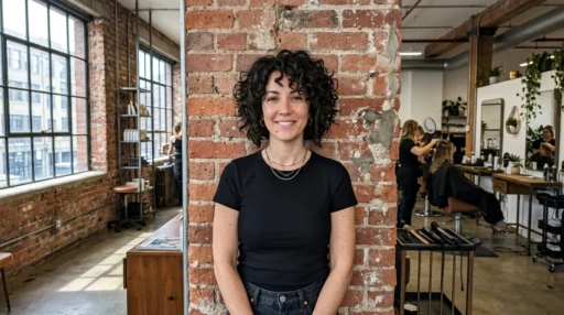 Woman with angled curly bob cut showing longer front pieces against brick wall in industrial hair studio
