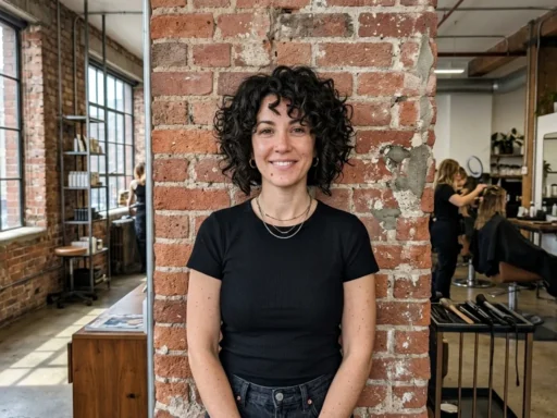 Woman with angled curly bob cut showing longer front pieces against brick wall in industrial hair studio
