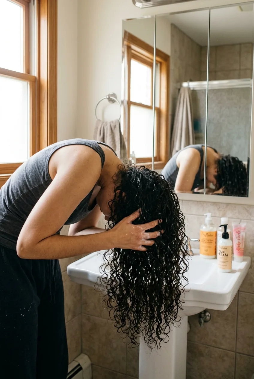 Woman applying curl cream to curly hair while head is flipped upside down in morning light