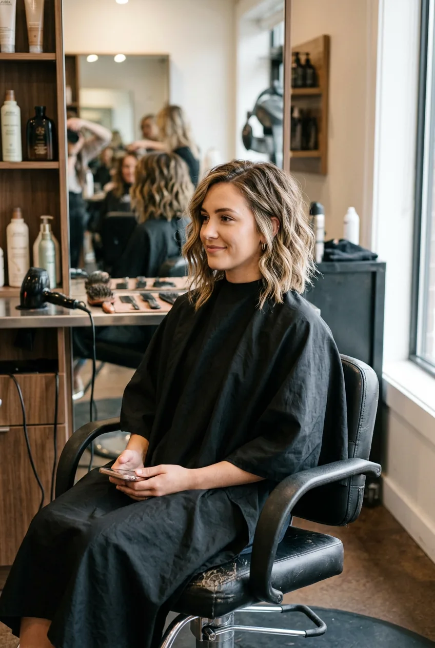 Side view of asymmetrical wavy lob with textured beachy waves and choppy ends in professional salon
