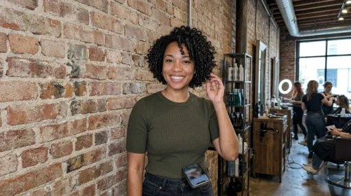 Woman with asymmetrical short curly pixie cut showing longer pieces that frame her jawline against brick wall