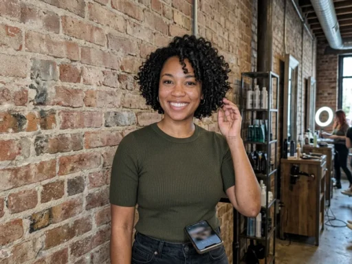 Woman with asymmetrical short curly pixie cut showing longer pieces that frame her jawline against brick wall