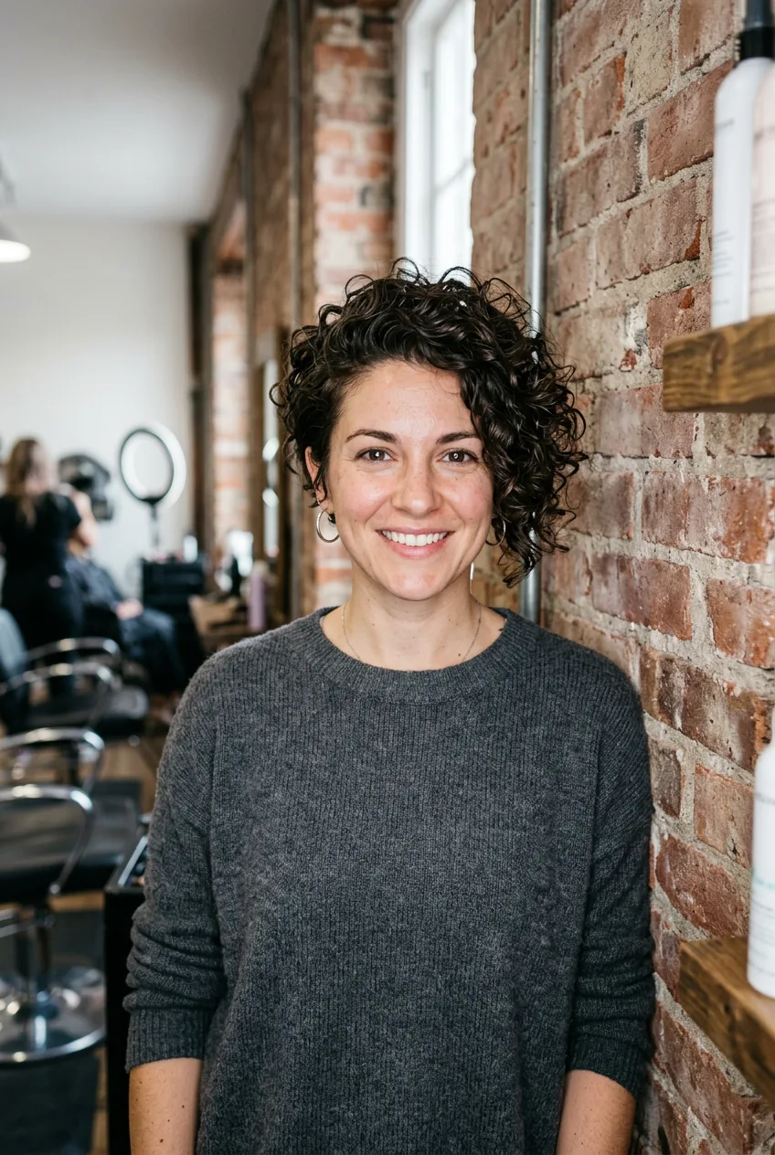 Woman with asymmetrical curly pixie cut demonstrating styling texture and curl separation