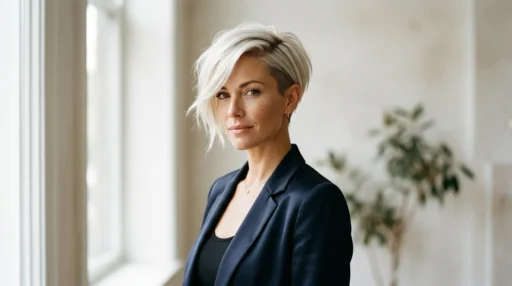 Woman with asymmetrical platinum blonde pixie cut featuring dramatic side-swept bangs in natural window light