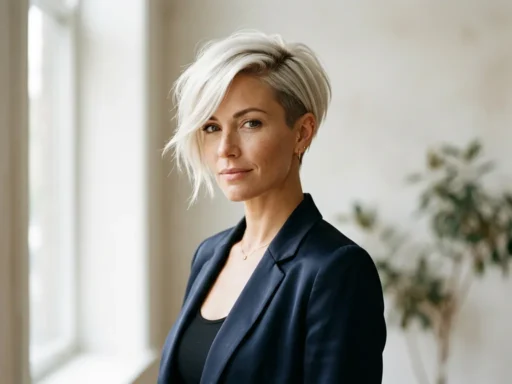 Woman with asymmetrical platinum blonde pixie cut featuring dramatic side-swept bangs in natural window light