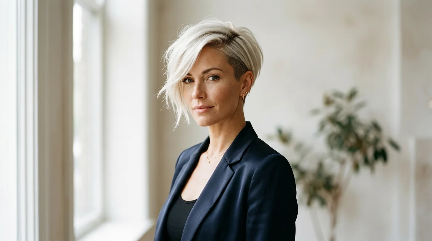 Woman with asymmetrical platinum blonde pixie cut featuring dramatic side-swept bangs in natural window light