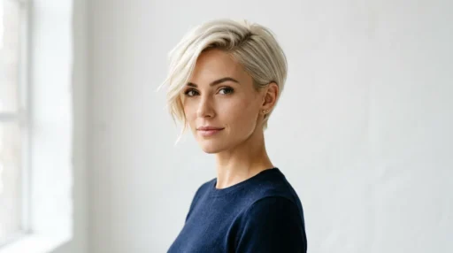 Woman with asymmetrical platinum pixie cut showing longer left side pieces and cropped back in studio lighting