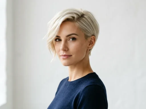 Woman with asymmetrical platinum pixie cut showing longer left side pieces and cropped back in studio lighting