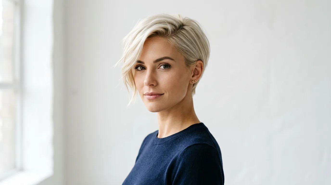 Woman with asymmetrical platinum pixie cut showing longer left side pieces and cropped back in studio lighting