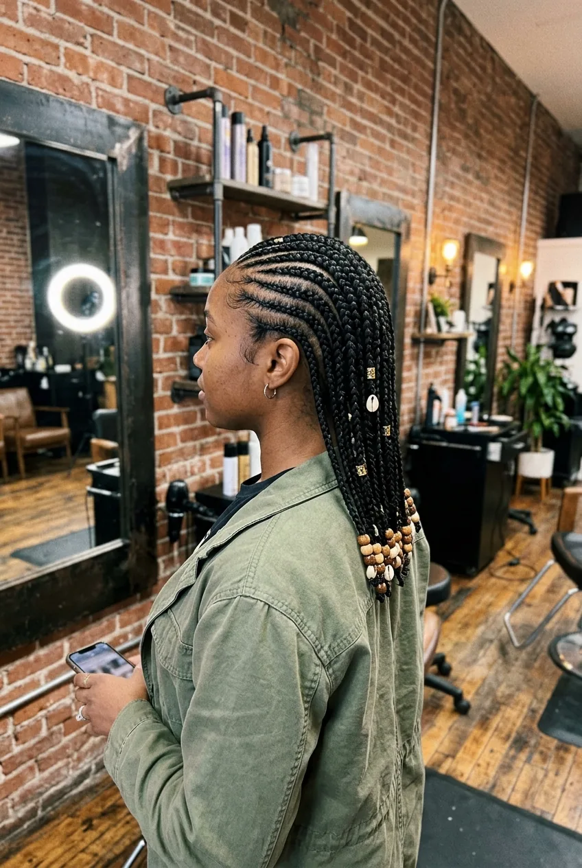 Back and side profile view showing intricate cornrow-to-individual-braid transition in short style