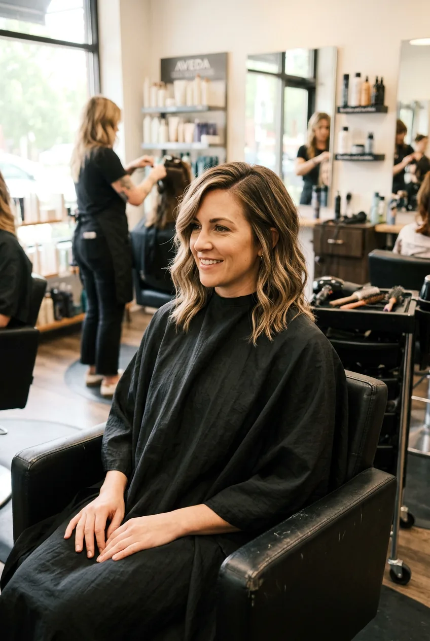 Woman displaying beach wave lob with deep side part and face-framing waves
