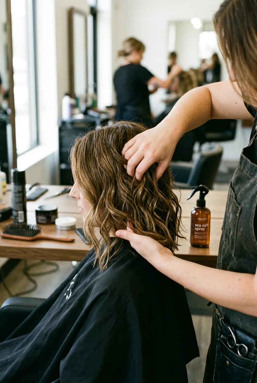 Hairdresser scrunching beach waves into collarbone-length lob with sea salt spray visible on counter