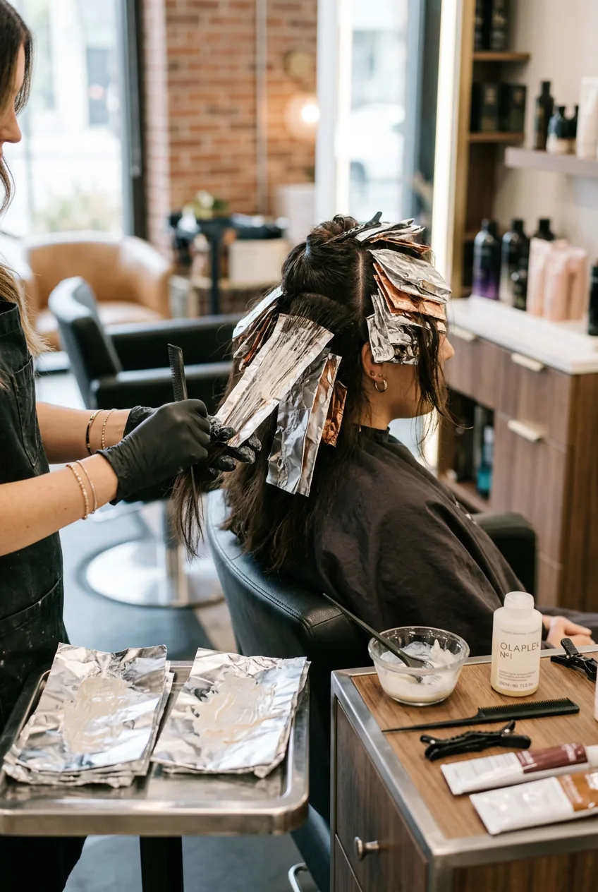 Close-up of hair bleaching process with foil sections being applied to dark hair in salon chair