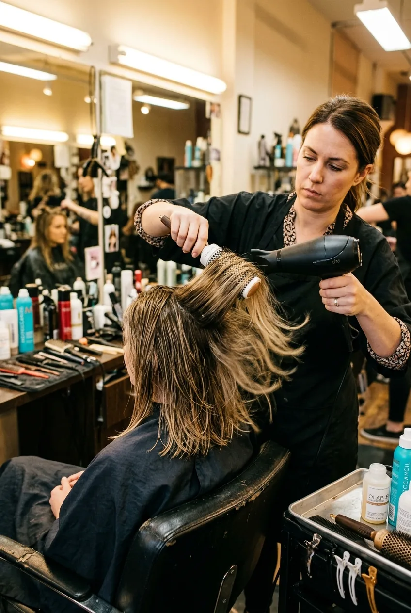 Hairdresser blow-drying and styling long layered bob with round brush to create volume and movement