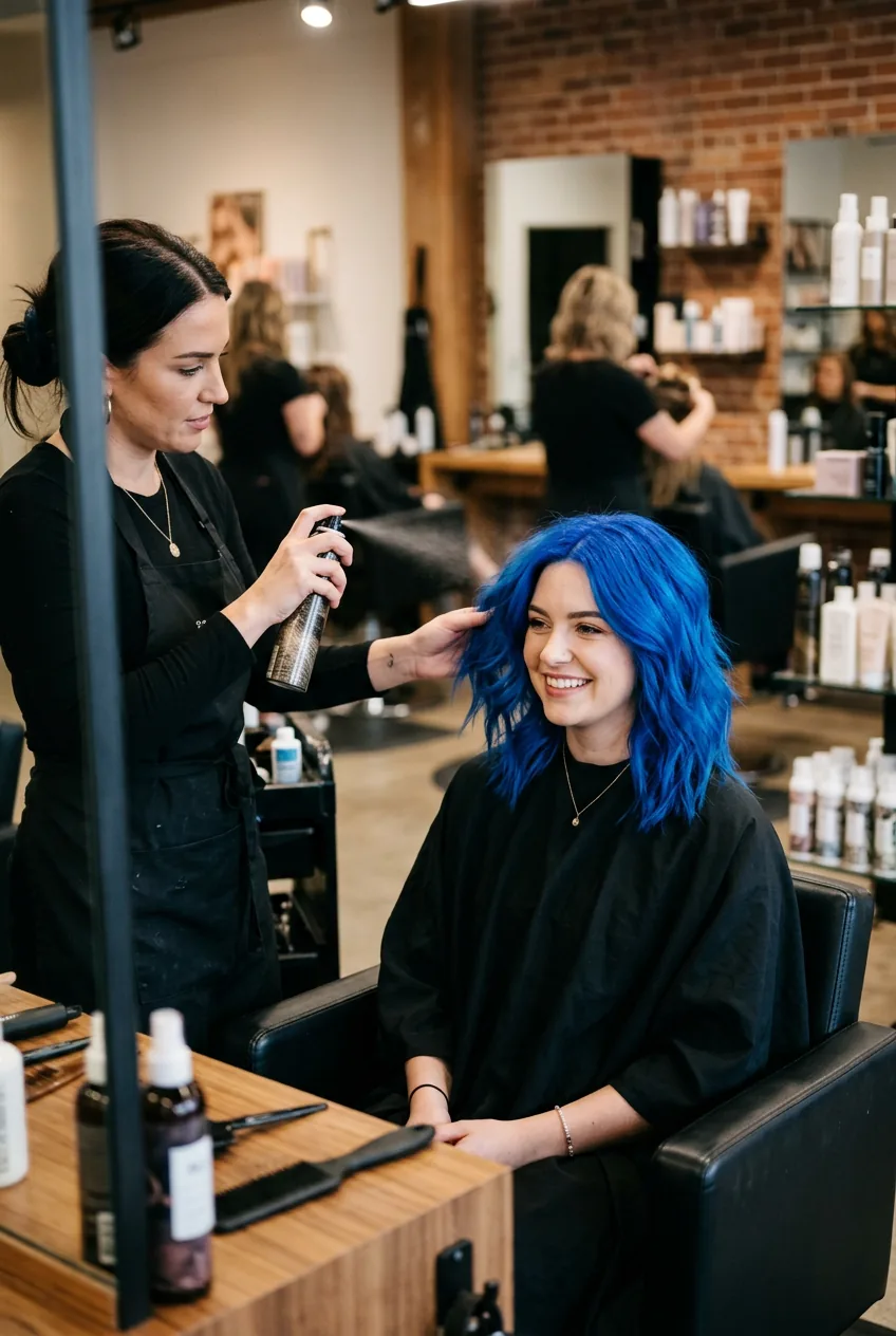 Woman with vibrant blue hair receiving professional styling treatment with finishing products