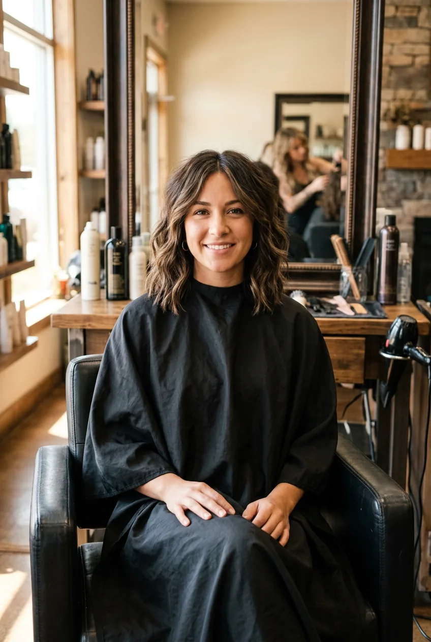 Front view of blunt cut wavy lob with face-framing layers and defined wave pattern