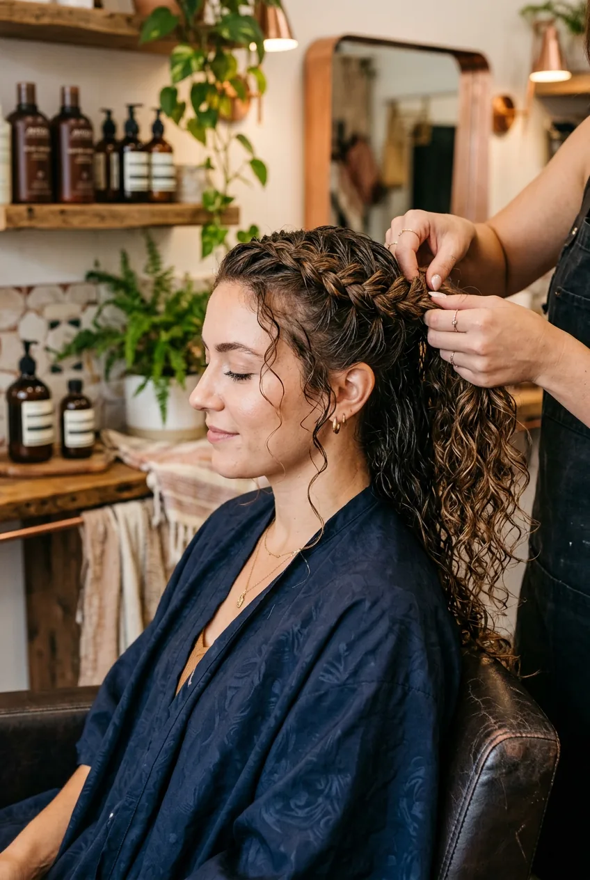 Close-up of hairstylist creating braided crown leading into curly ponytail