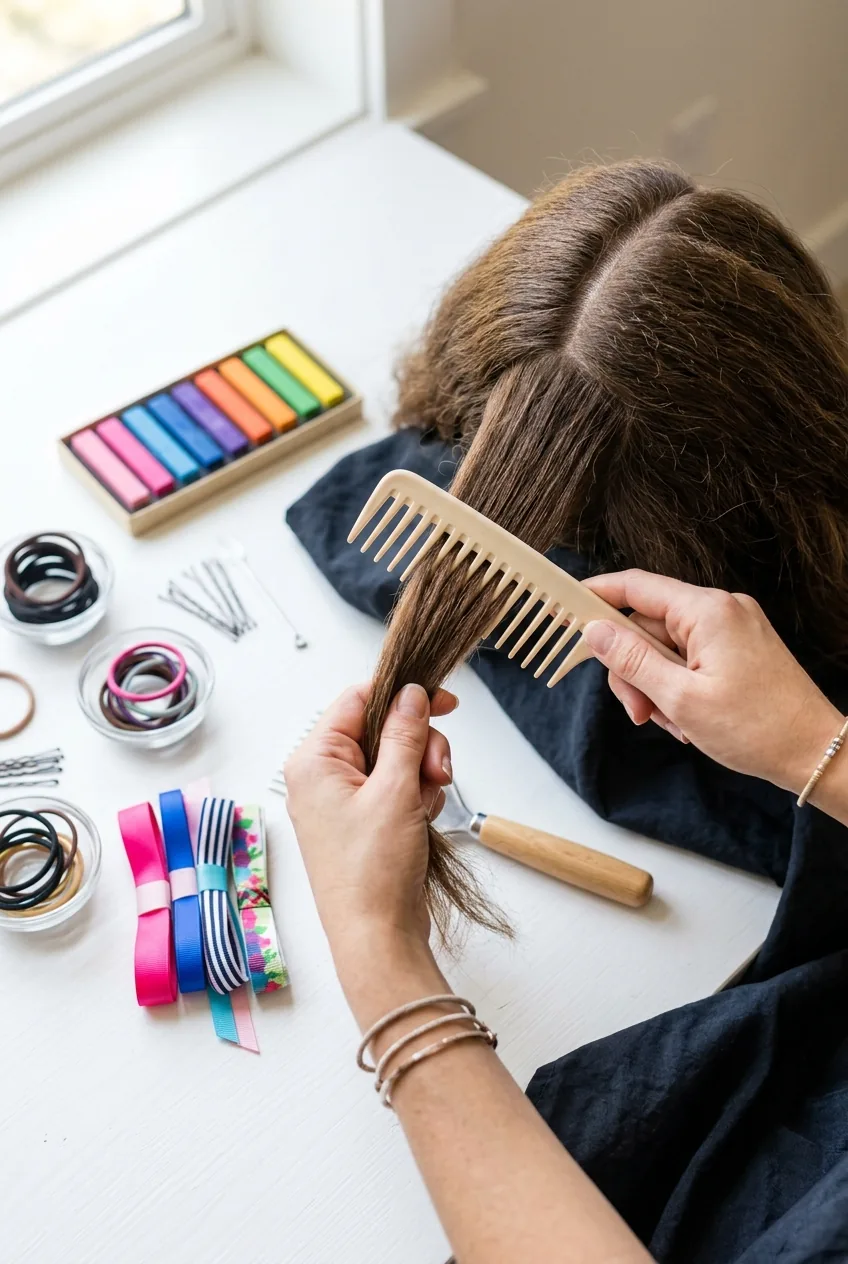 Organized braiding supplies including colorful hair chalk ribbons and combs on white surface
