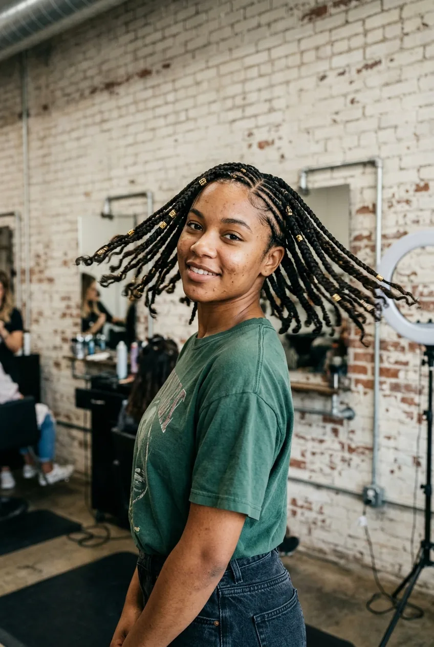 Short lemonade Fulani braids caught in natural movement showing bounce and texture at shoulder length