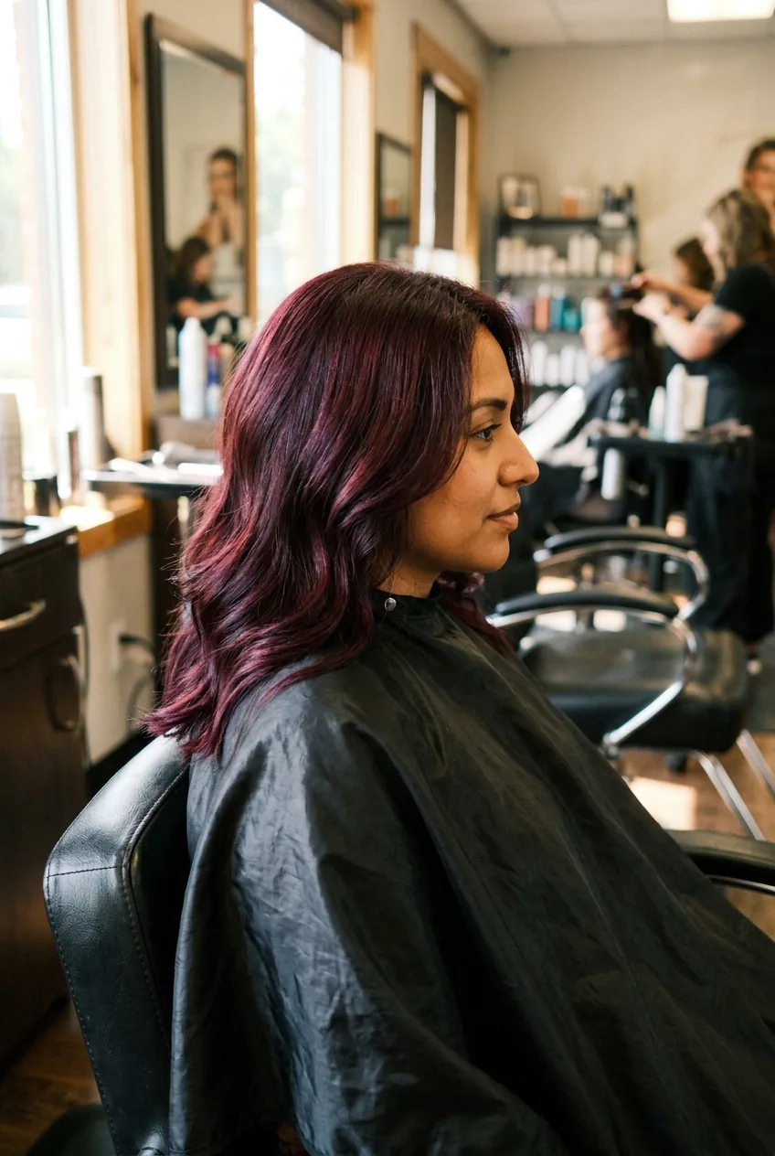 Deep burgundy hair color showing dimensional purple and red undertones in side profile