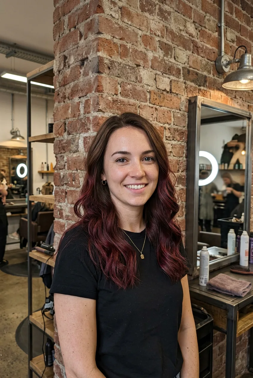 Woman with burgundy ombre ends fading smoothly into natural brown hair color