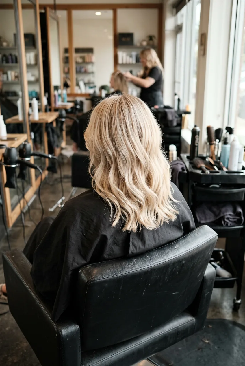Champagne platinum blonde hair with subtle warm highlights viewed from behind in salon chair
