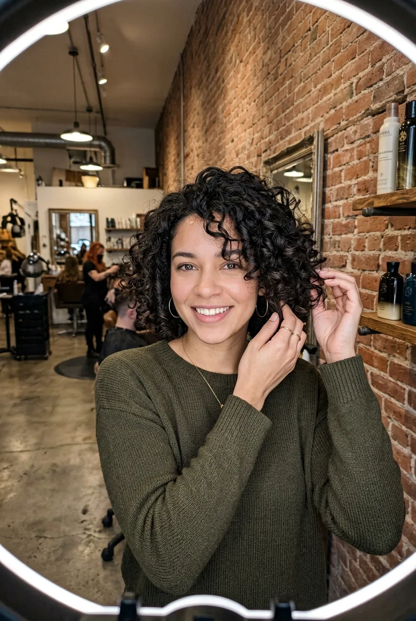 Side profile of woman with chin-length curly cut demonstrating defined spiral formation