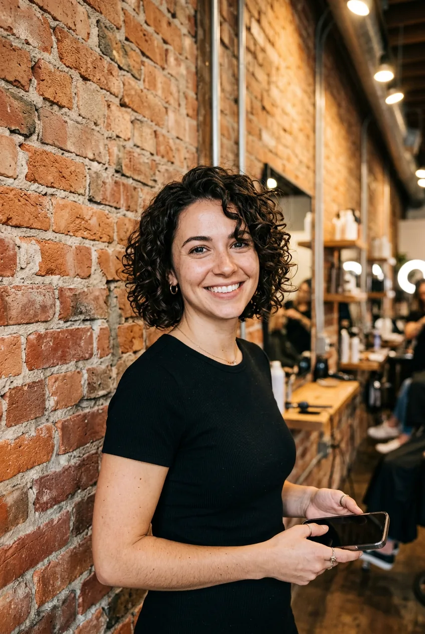 Woman with chin-length curly bob displaying natural curl definition and bounce at jawline level