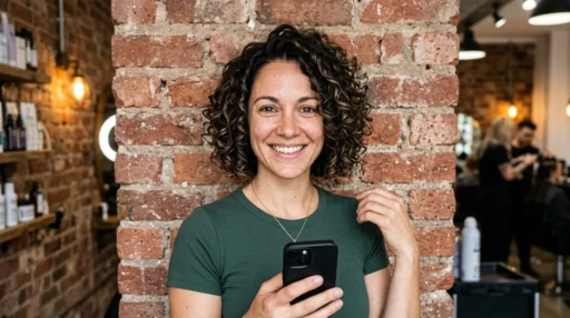 Woman with chin-length curly bob showing natural curl bounce and jawline framing in industrial studio