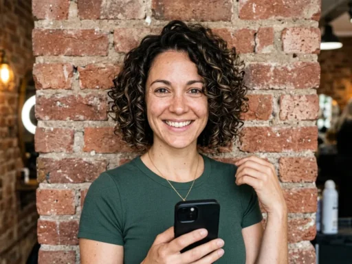 Woman with chin-length curly bob showing natural curl bounce and jawline framing in industrial studio