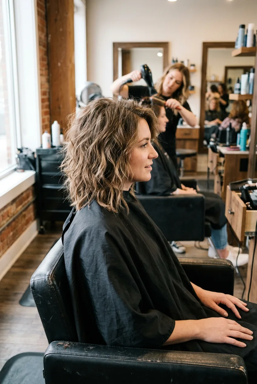 Profile of choppy textured wavy lob with tousled undone styling and piece-y ends