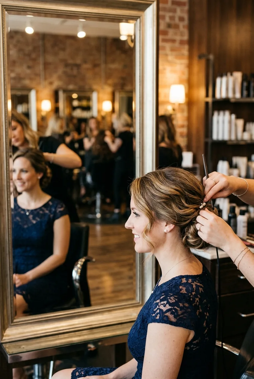 Classic side-swept low bun wedding guest hairstyle with soft face-framing pieces and elegant finishing touches
