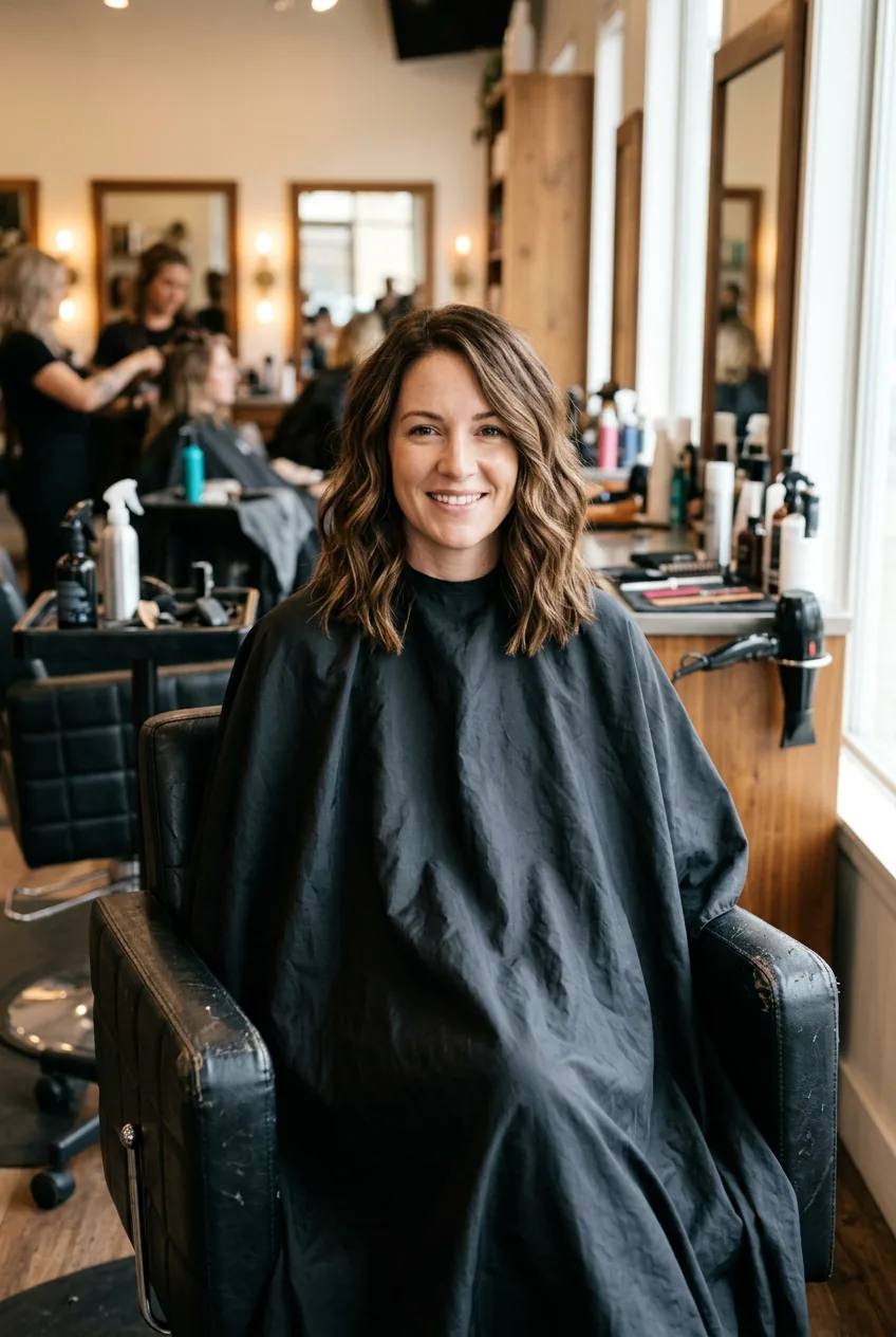Woman displaying classic textured wavy lob with subtle layers and natural waves below collarbone