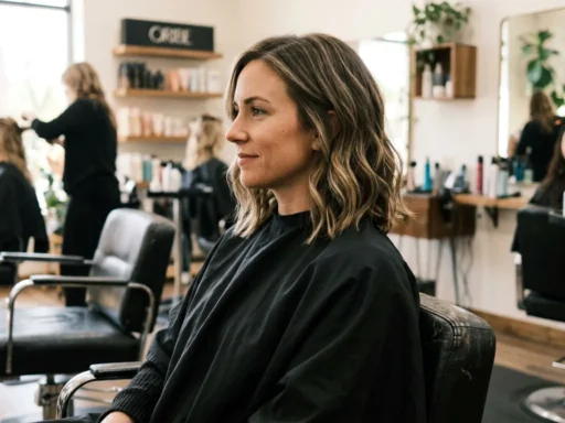 Woman with classic textured wavy lob showing natural movement and shoulder-length layers