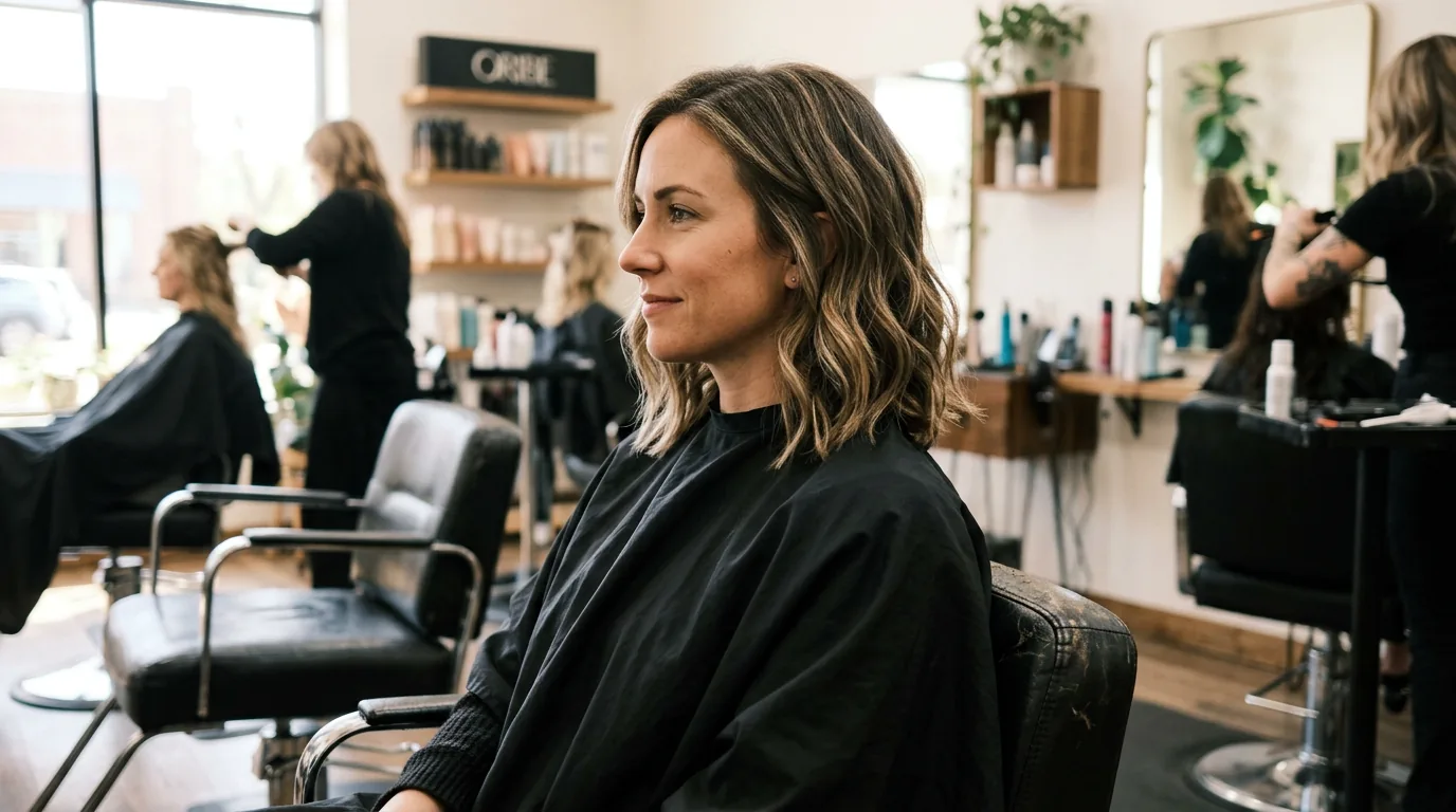 Woman with classic textured wavy lob showing natural movement and shoulder-length layers