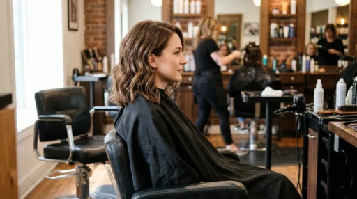 Woman with classic wavy lob haircut at collarbone length showing soft natural waves in salon chair