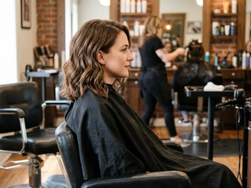Woman with classic wavy lob haircut at collarbone length showing soft natural waves in salon chair