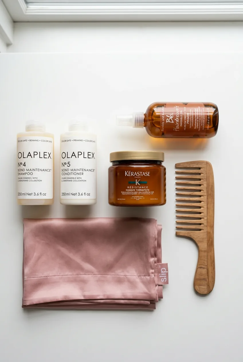 Flat lay of color-safe hair care products including shampoo, conditioning mask, and styling tools