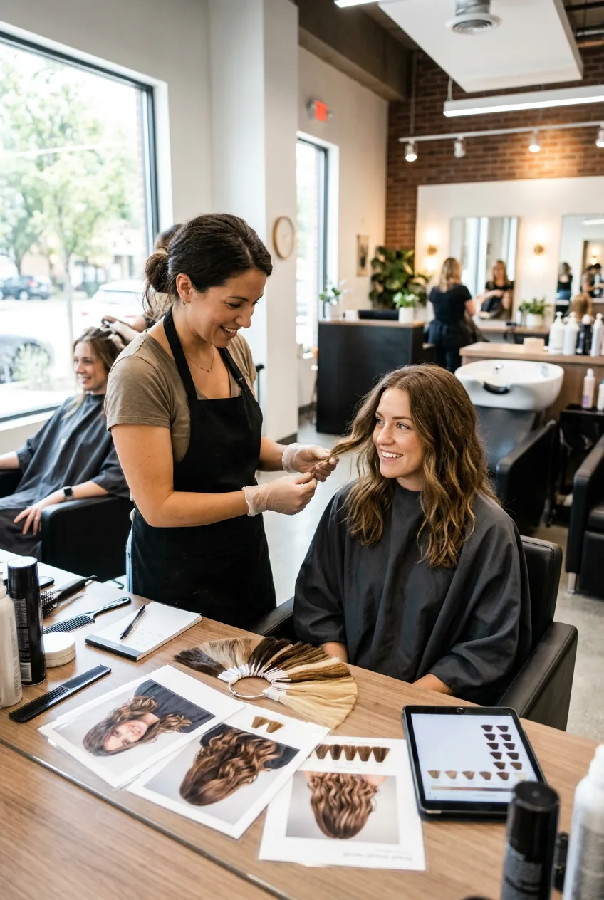 Professional colorist examining client's natural brown hair during consultation with color swatches on counter