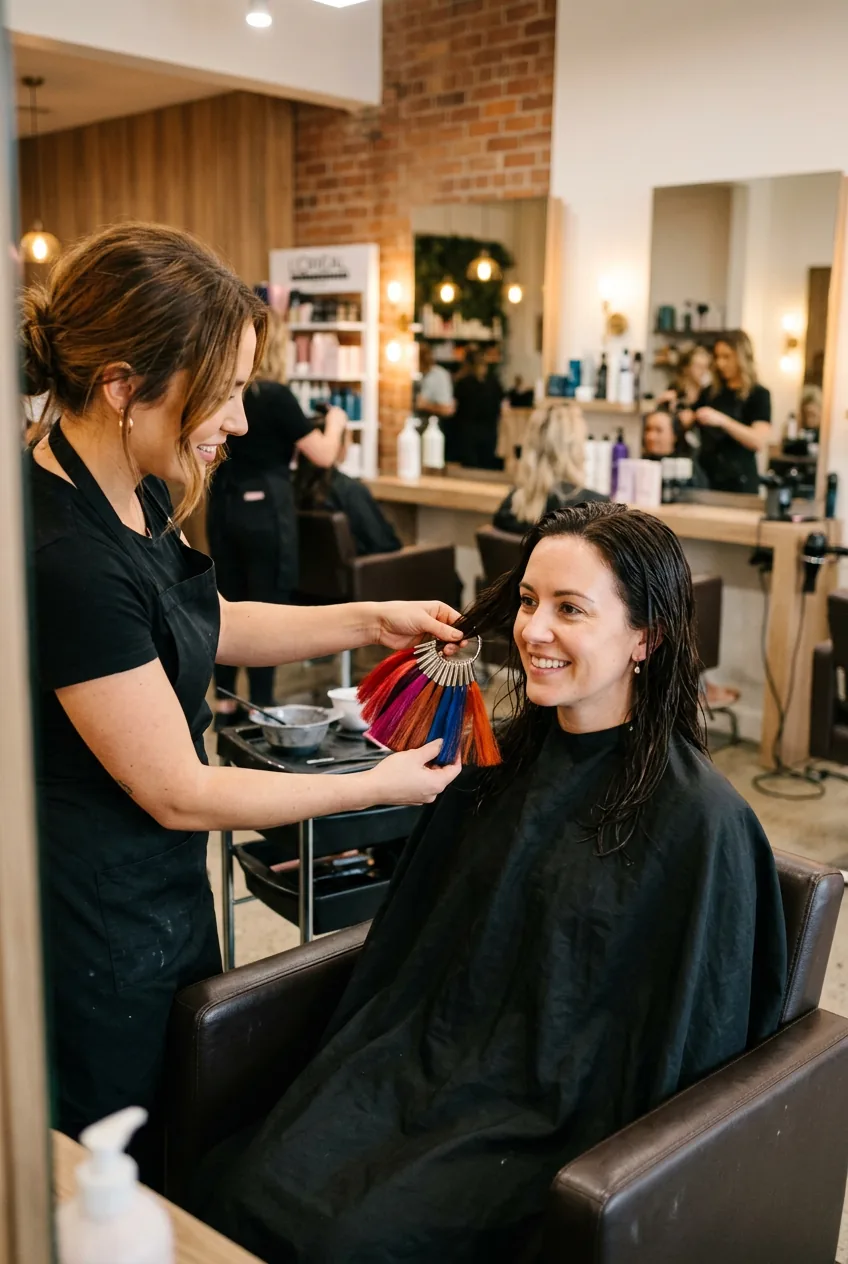 Hair colorist holding up multiple bold color swatches during professional consultation session