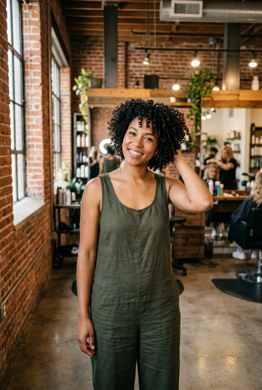 Confident woman with perfectly styled short curly cut showing natural volume and healthy curl bounce