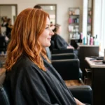 Woman with vibrant copper hair and golden highlights shown in side profile at hair salon