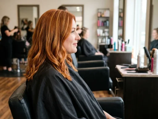 Woman with vibrant copper hair and golden highlights shown in side profile at hair salon