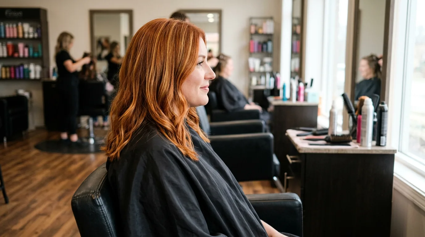 Woman with vibrant copper hair and golden highlights shown in side profile at hair salon