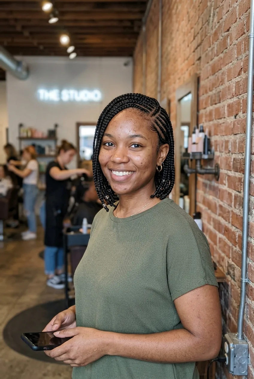 Close-up view of distinctive side part and cornrow pattern in short lemonade Fulani braids