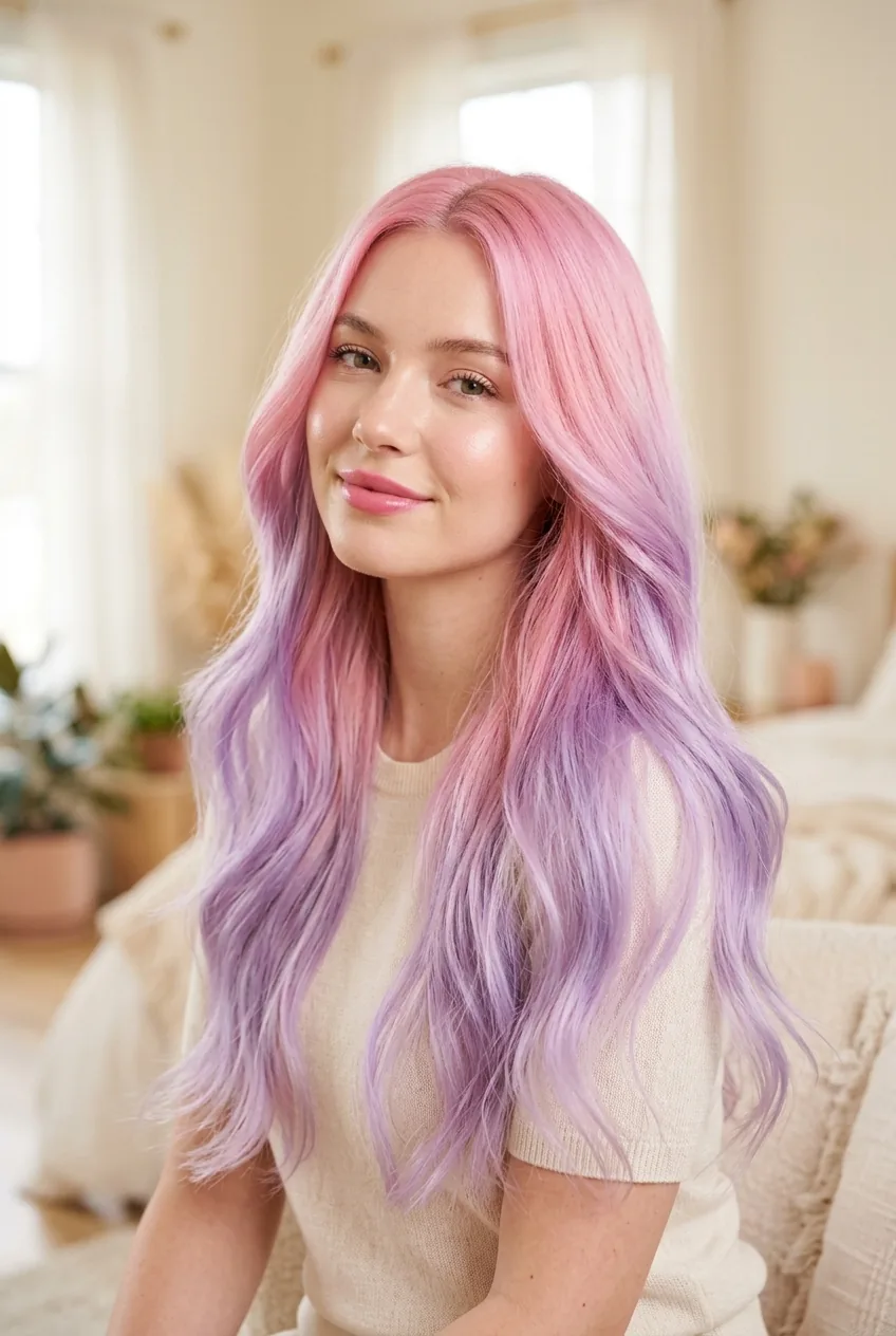 Finished cotton candy pink and lavender ombre hair color showing soft pastel tones and dimensional color