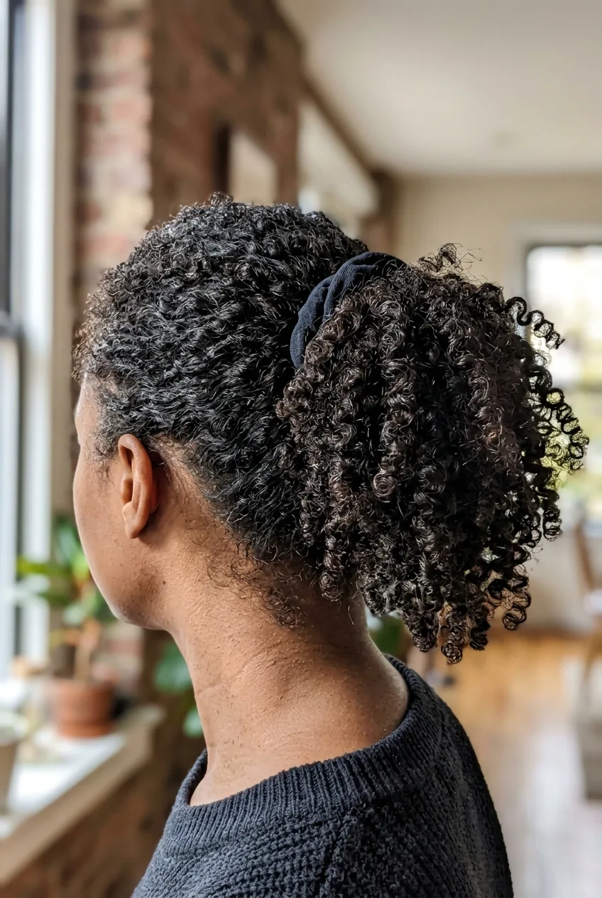 Close-up detail of defined curl texture and pattern in gathered ponytail with natural lighting