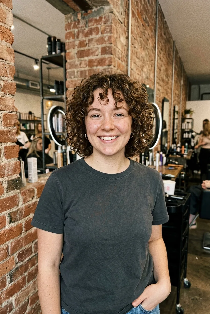 Woman with short curly hair showing how curls enhance round face shape and cheekbones