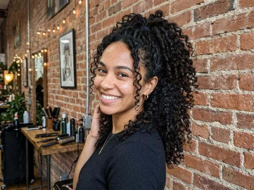 Woman with voluminous curly ponytail standing against exposed brick wall in industrial hair studio