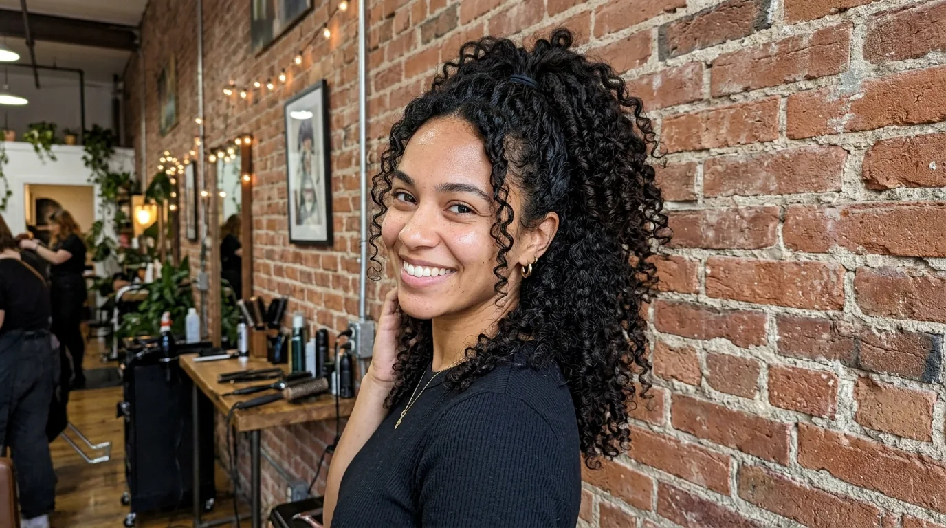 Woman with voluminous curly ponytail standing against exposed brick wall in industrial hair studio